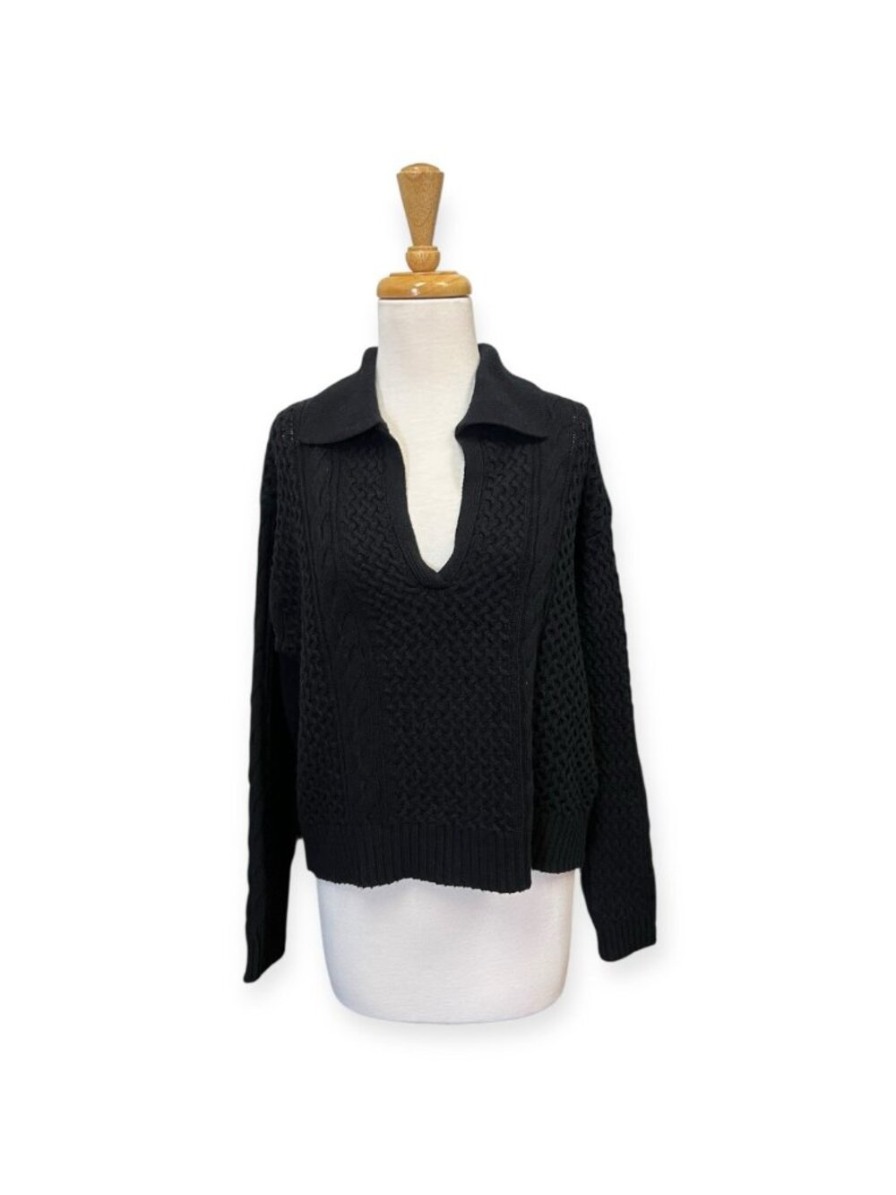 Jason Wu V Neck Collared Wool Sweater Size M Medium Black Cable Knit